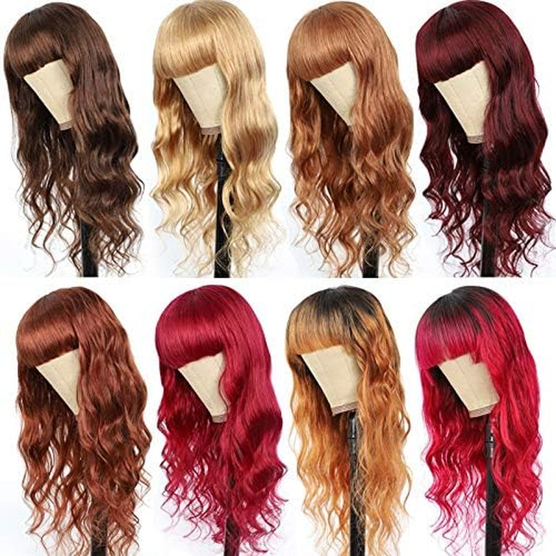 Hair Extensions Human Hair Wigs with Bangs Blond Brown Red Ombre Hair Wigs for Black Women Colored Full Machine Made Wig Hair Pieces (Density : 150%, Hair Color : T1B BURG)