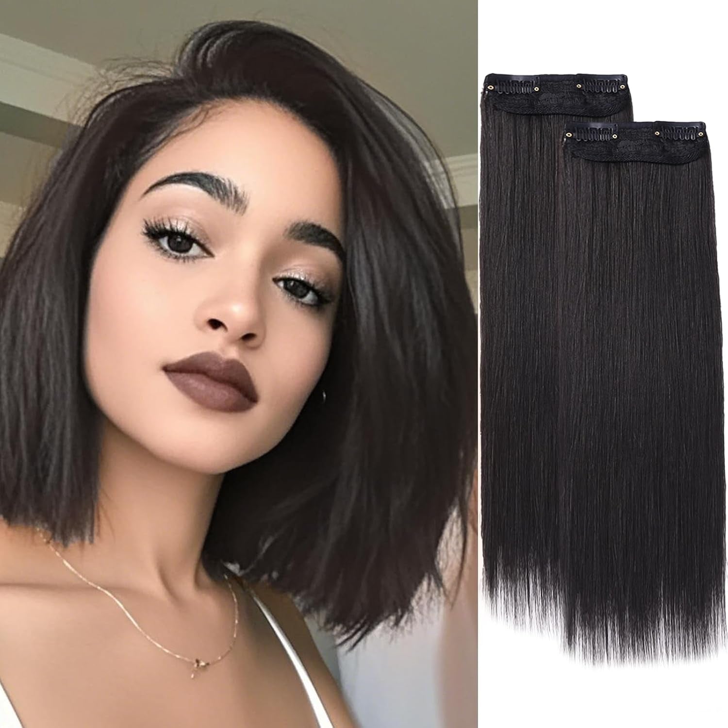 Hair Extensions Clip in 2PCS Black Brown 8 Inch Short Straight Synthetic Hair Pieces for Women Hair Volumizing