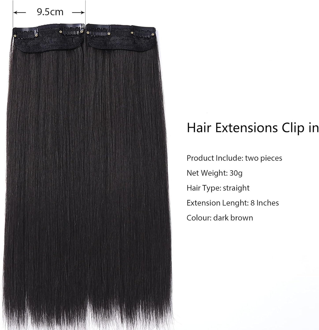 Hair Extensions Clip in 2PCS Black Brown 8 Inch Short Straight Synthetic Hair Pieces for Women Hair Volumizing