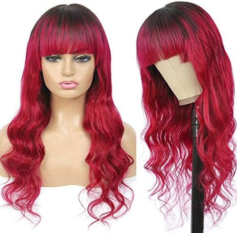 Hair Extensions Human Hair Wigs with Bangs Blond Brown Red Ombre Hair Wigs for Black Women Colored Full Machine Made Wig Hair Pieces (Density : 150%, Hair Color : T1B BURG)